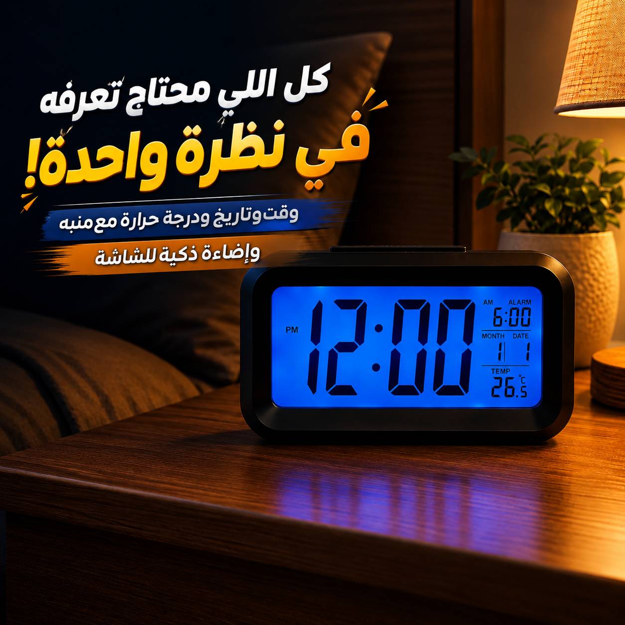 ساعة ومنبه بشاشة رقمية لعرض التاريخ ودرجة الحرارة مع إضاءة تلقائية Secondary image
