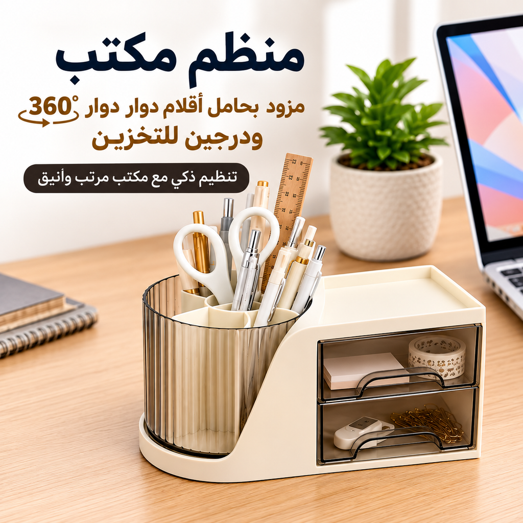 منظم مكتب مزود بحامل أقلام دوار 360 درجة ودرجين صغيرين لتنظيم أدوات المكتب