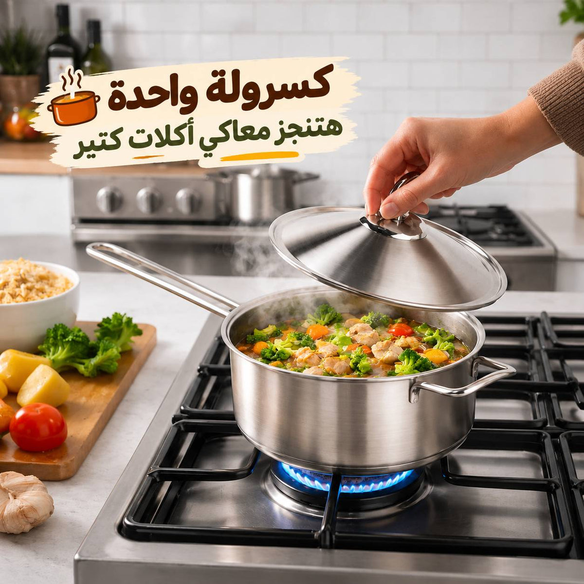 كسرولة استانلس ستيل تركي بغطاء ويد لسهولة الحمل مقاس 22سم Main image