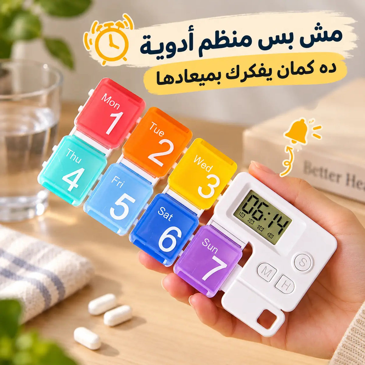 منظم يومي للأدوية و الفيتامينات بمنبه ذكي مقسم ل 7 خانات بأيام الأسبوع بغطاء محكم الغلق Main image