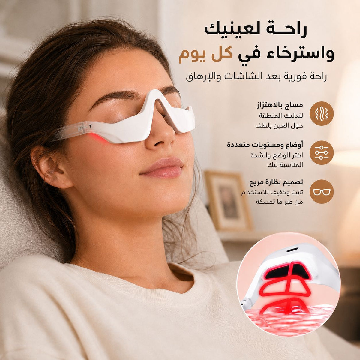 جهاز مساج للعين بالضوء الأحمر بتقنيةالاهتزاز والتحفيز الكهربائي مع 4 أوضاع تدليك و3 مستويات