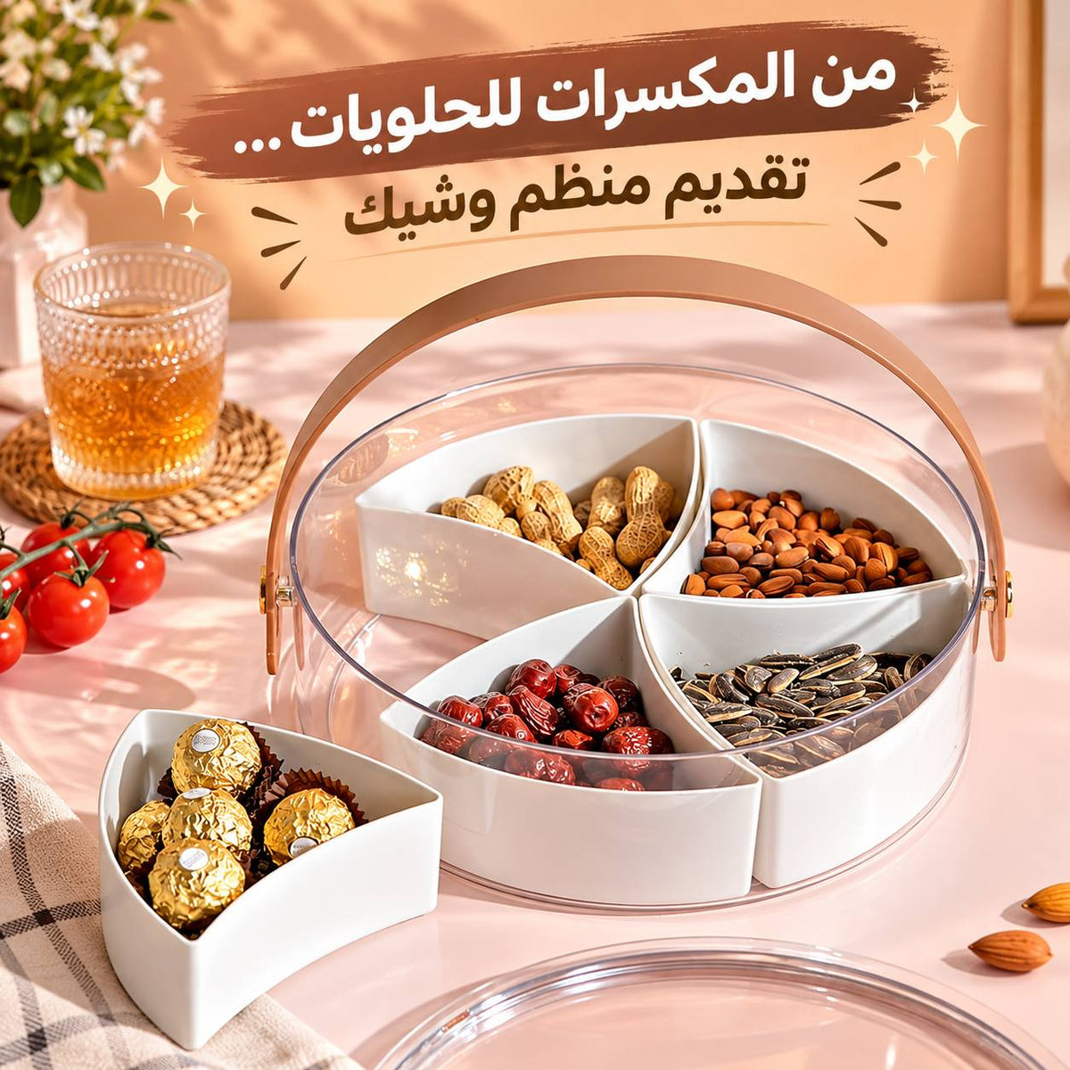 علبة تسالي اكريليك شفاف ب5 خانات بغطاء ويد من الجلد لتقديم الحلويات والمكسرات Main image