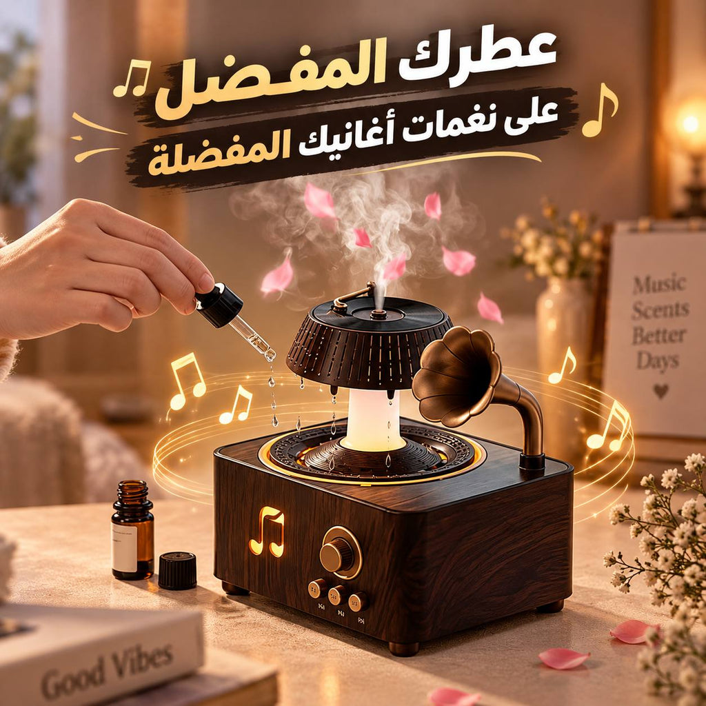 فواحة مضيئة على شكل جرامافون مع صوت ضوضاء بيضاء وسبيكر بلوتوث بخزان 250 ملي لتعطير المنزل بريموت للتحكم