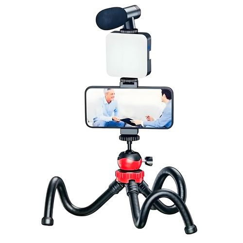 ترايبود بحامل ثلاثي مرن بتصميم اخطبوطي برأس كروية تدور 360 درجة مع مايك وإضاءة للتصوير Main image