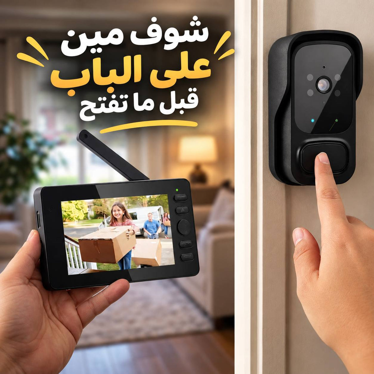 جرس باب لاسلكي بكاميرا وشاشة 4.3 بوصة مع رؤية ليلية وصوت ثنائي الاتجاه لأمان المنزل Main image