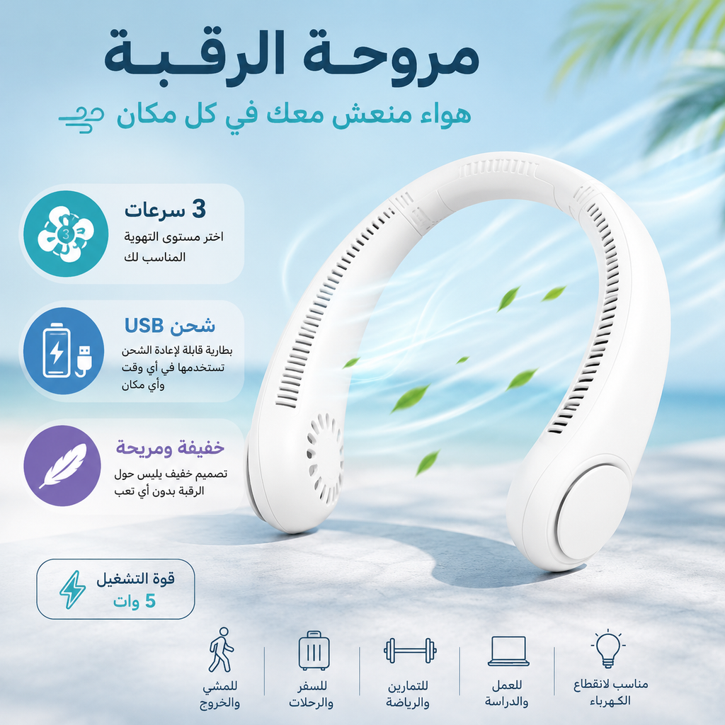 مروحة رقبة محمولة للتبريد مع 3 سرعات مختلفة قابلة لاعادة الشحن
