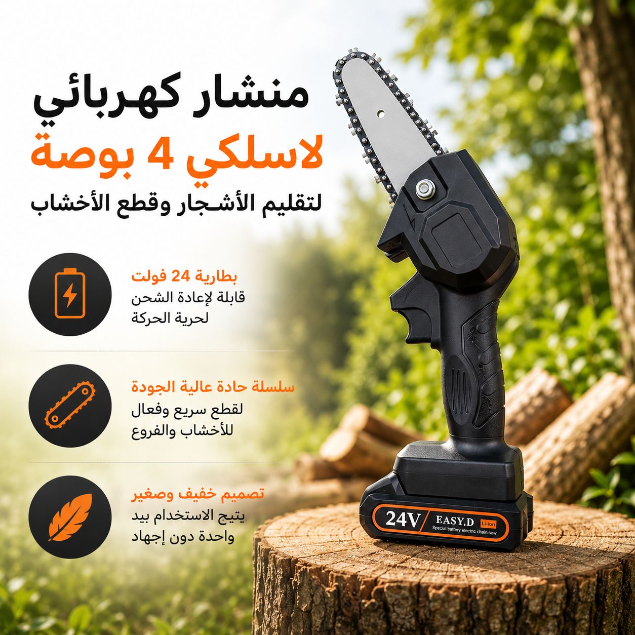 منشار كهربائي لاسلكي لقطع الأخشاب وتقليم الأشجار 24 فولت Secondary image