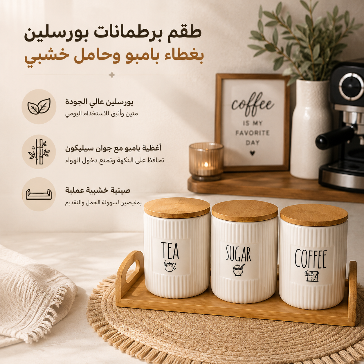 طقم برطمانات بورسلين مضلع 3 قطع بغطاء بامبو وحامل خشبي للشاي والسكر والقهوة Secondary image