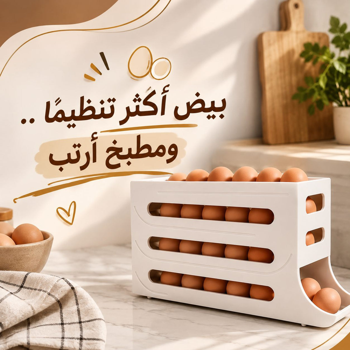 حامل ومنظم لتخزين البيض ذاتي التنظيم للثلاجة بتصميم مائل Main image