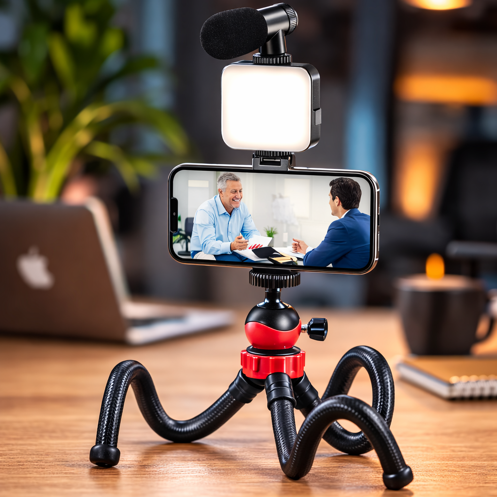 ترايبود بحامل ثلاثي مرن بتصميم اخطبوطي برأس كروية تدور 360 درجة مع مايك وإضاءة للتصوير Secondary image