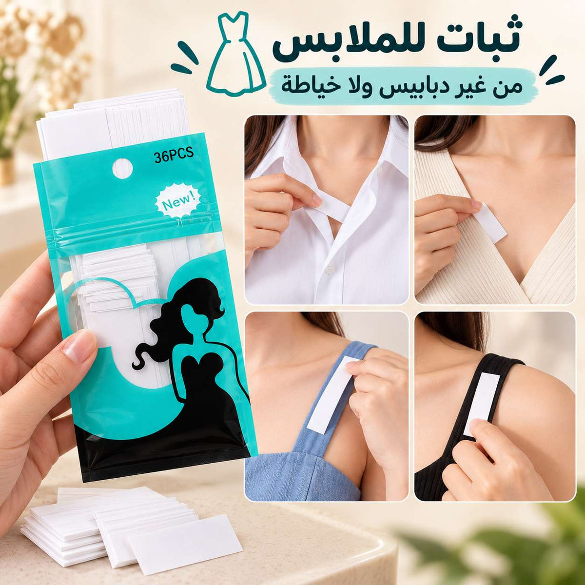 لزق دبل فيس شفاف لتثبيت الطرح والملابس بدون دبابيس 36 قطعة Main image