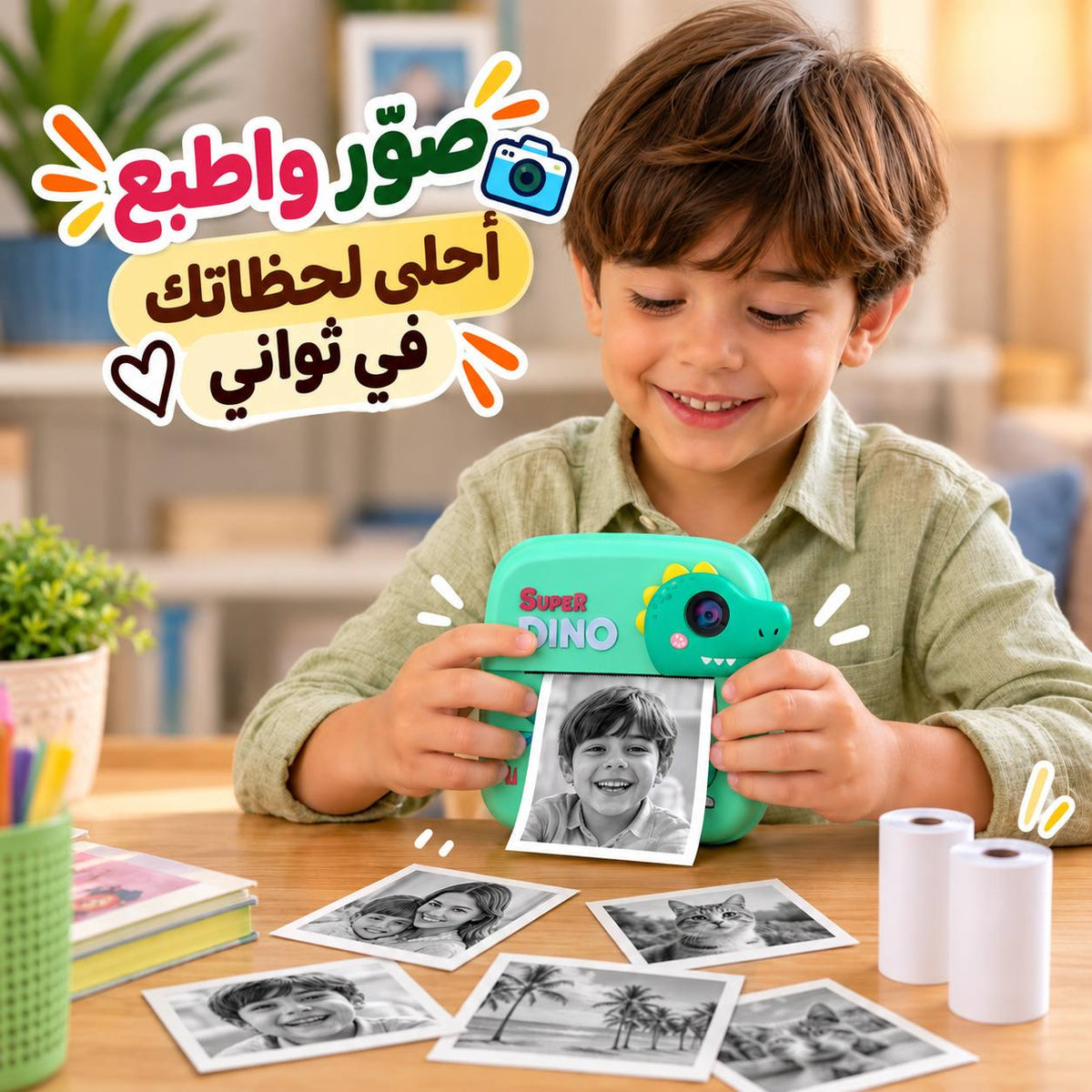 كاميرا تصوير بتصميم ديناصور بطباعة فورية حرارية مع شاشة اتش دي مع موسيقى و العاب. Main image