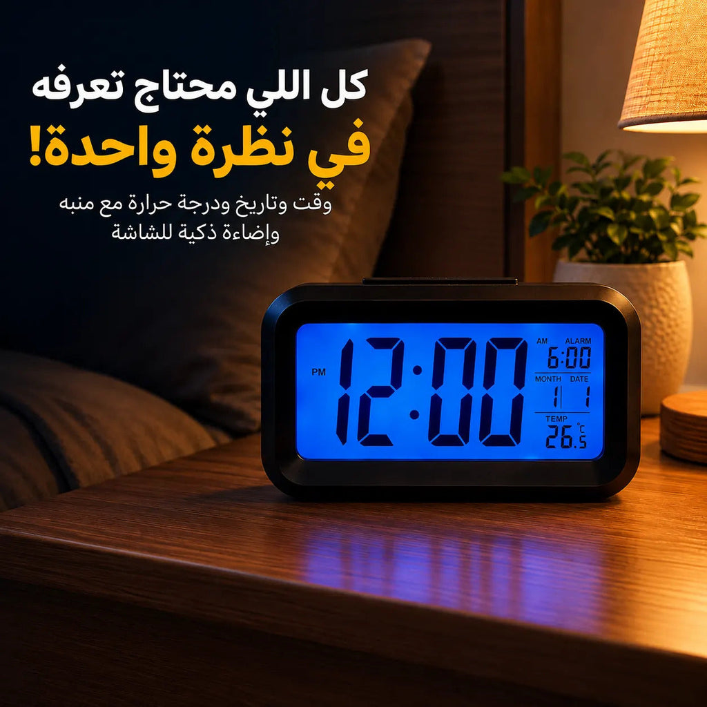 ساعة ومنبه بشاشة رقمية لعرض التاريخ ودرجة الحرارة مع إضاءة تلقائية