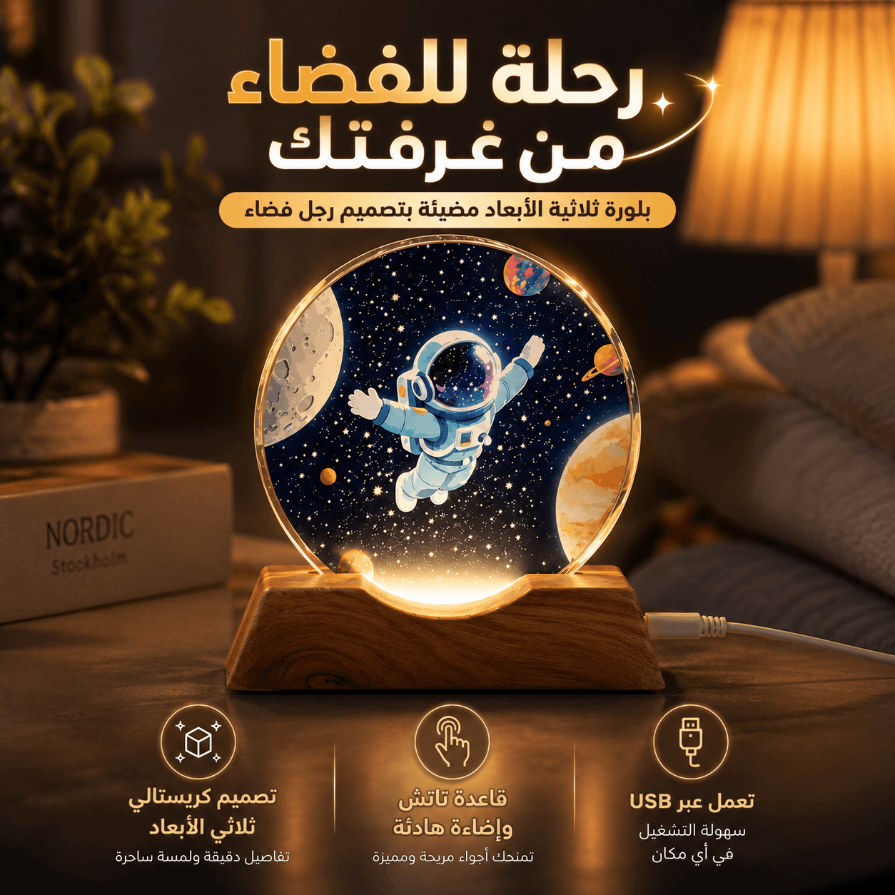 بلورة ثلاثية الأبعاد مضيئة بتصميم رجل فضاء بقاعدة تاتش و 9 إضاءات مختلفة Secondary image