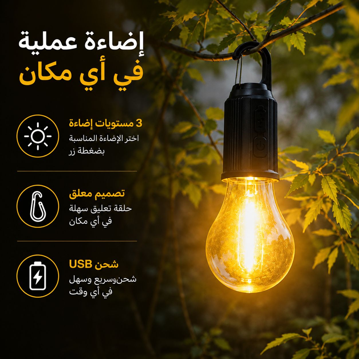 كشاف علي شكل لمبة ب 3 مستويات للاضاءة مع وصلة يو اس بي Secondary image