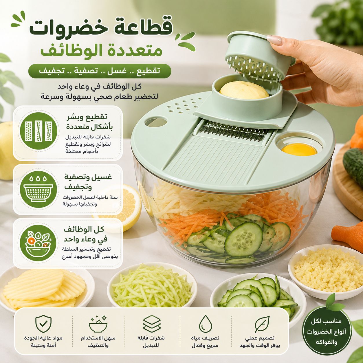 قطاعة ومبشرة للخضروات والفواكه مع مصفاة لتجفيف السلطة Secondary image