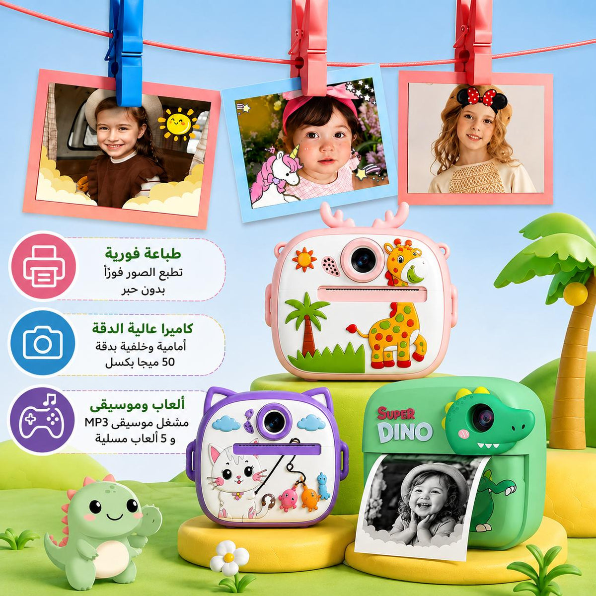 كاميرا تصوير بتصميم ديناصور بطباعة فورية حرارية مع شاشة اتش دي مع موسيقى و العاب.