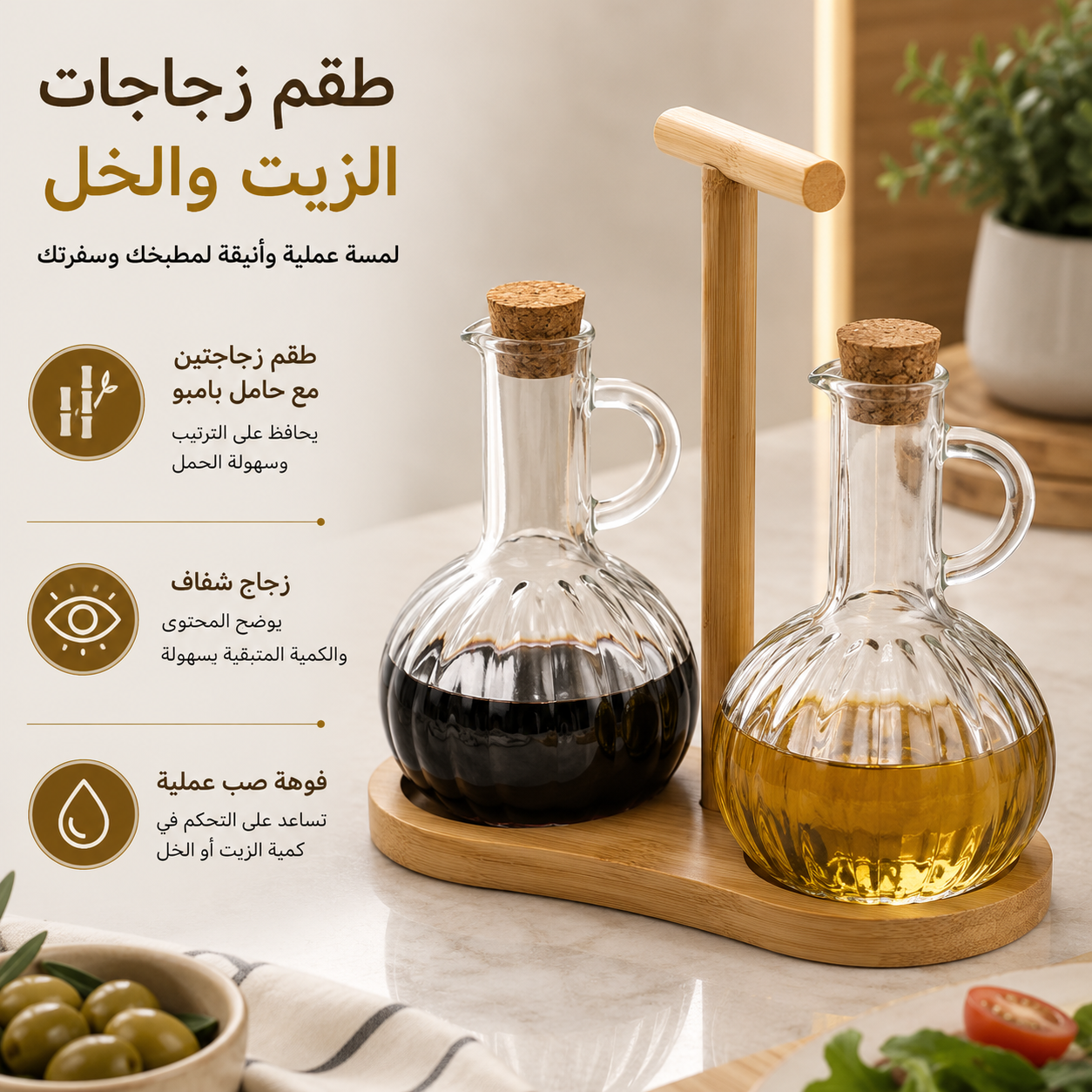 طقم زجاجات زيت وخل زجاج مع حامل خشبي للتقديم Secondary image