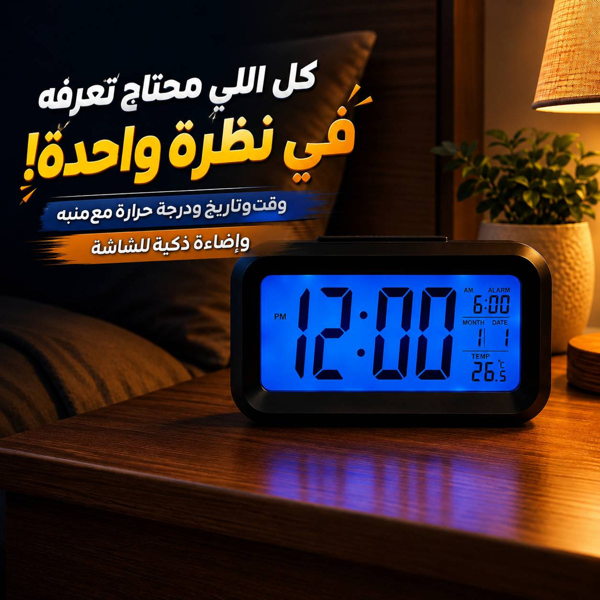 ساعة ومنبه بشاشة رقمية لعرض التاريخ ودرجة الحرارة مع إضاءة تلقائية Main image
