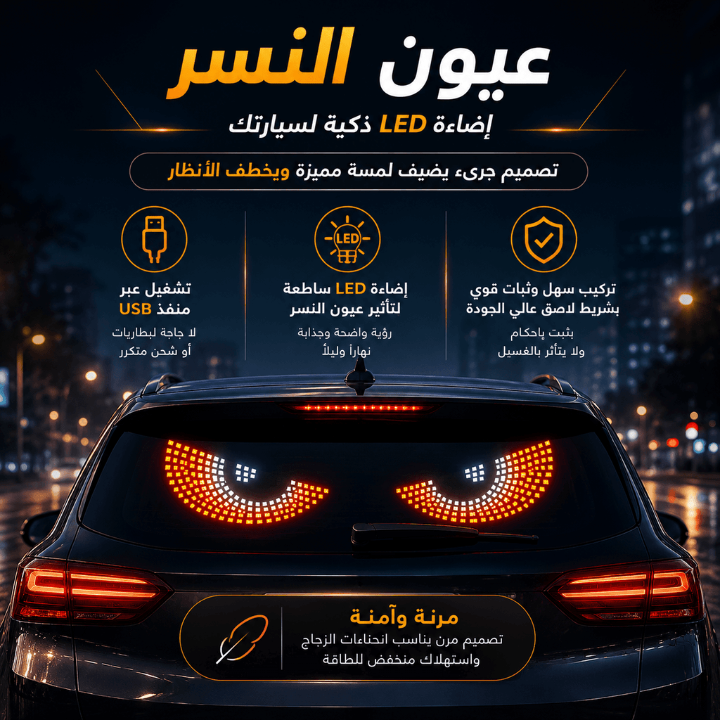 شاشة ليد منفصلة مرنة لتزيين الزجاج الخلفي للسيارة بتصميم عيون النسر بمنفذ يو اس بي