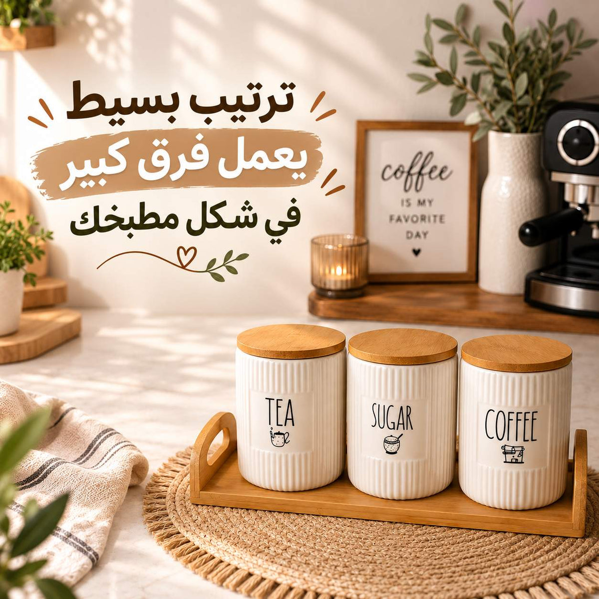 طقم برطمانات بورسلين مضلع 3 قطع بغطاء بامبو وحامل خشبي للشاي والسكر والقهوة Main image