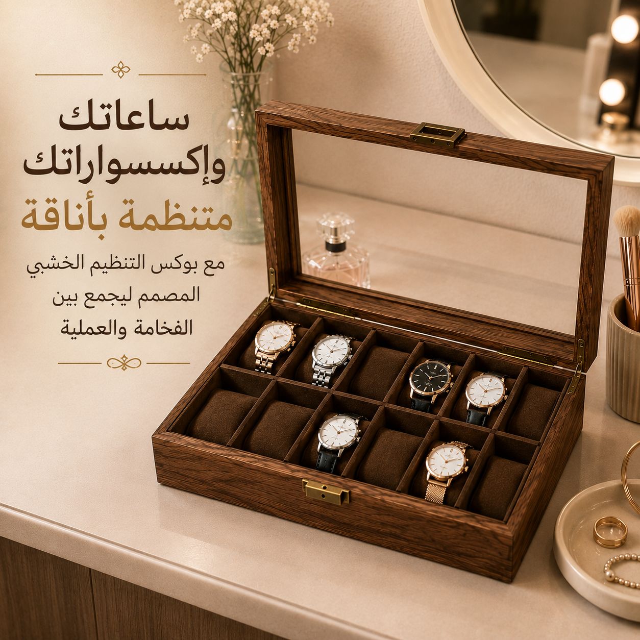 صندوق خشبي لتنظيم الساعات بغطاء زجاجي محكم الغلق 12 خانة Secondary image