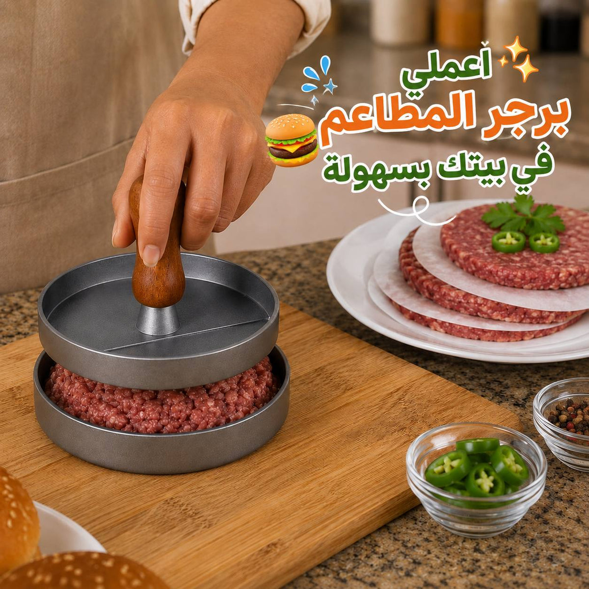 مكبس برجر استانلس ستيل بيد خشب مقاس 10 سم Main image