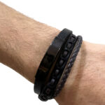 ⁦بريسليت رجالي 3 لفات بأشكال مختلفة جلد مضفر وسادة بقفل معدن باللون الاسود الملكي⁩ - الصورة ⁦2⁩