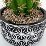 ⁦اصيص صبار صناعي من الفخار مزخرف باللون الابيض والاسود لتجديد الديكور⁩ - الصورة ⁦2⁩