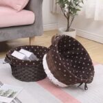 ⁦باسكت خوص دائري ببطانة كتان لحمل وتنظيم الملابس ولعب الأطفال بغطاء لحماية المحتويات من الأتربة ويد⁩ - الصورة ⁦2⁩