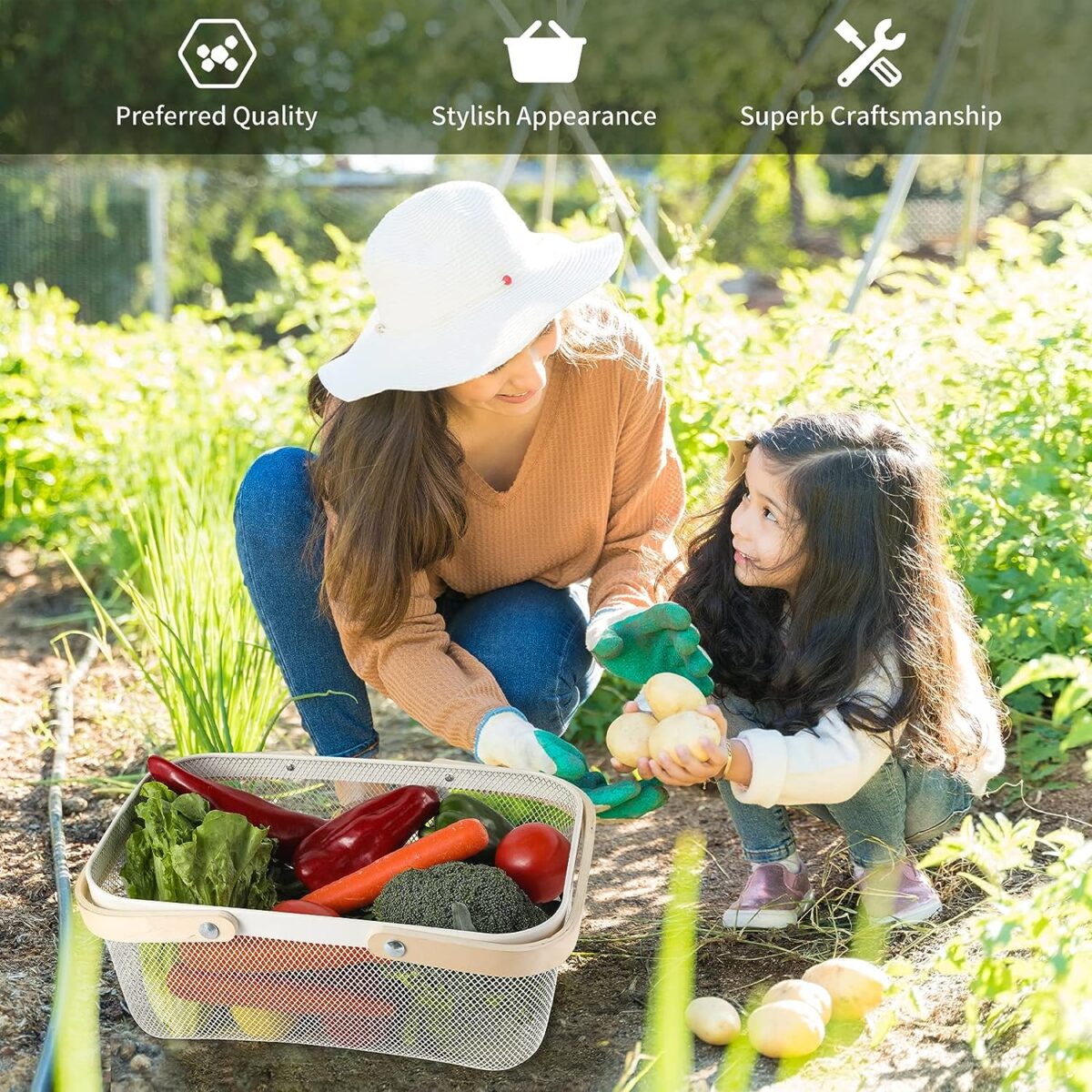 ⁦باسكت شبك معدن غير قابل للصدأ لحمل وتنظيم الفواكه والخضروات بيد خشبية لسهولة الحمل⁩ - الصورة ⁦12⁩