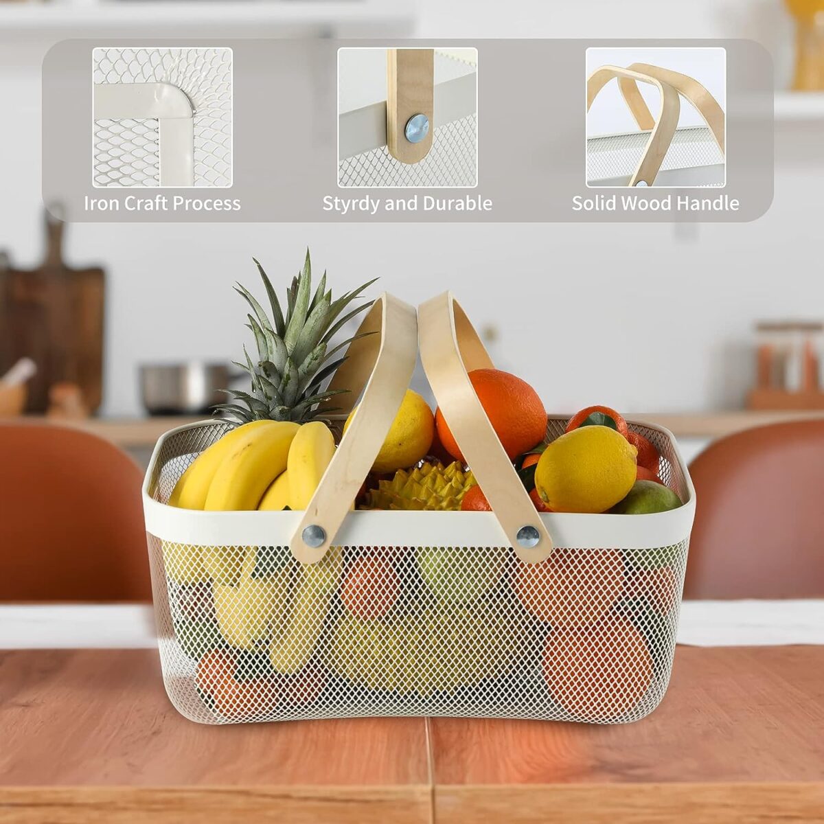 ⁦باسكت شبك معدن غير قابل للصدأ لحمل وتنظيم الفواكه والخضروات بيد خشبية لسهولة الحمل⁩ - الصورة ⁦10⁩