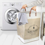 ⁦باسكت كتان جامبو حامل ومنظم لملابس الغسيل وألعاب الأطفال قابل للطي بيد جلد باللون البني⁩ - الصورة ⁦2⁩