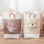 ⁦باسكت كتان جامبو حامل ومنظم لملابس الغسيل وألعاب الأطفال قابل للطي بيد جلد باللون البني⁩ - الصورة ⁦4⁩