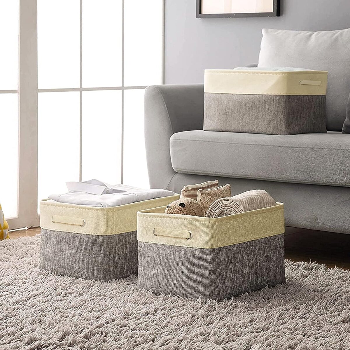 ⁦باسكت كتان لحمل وتنظيم الملابس ولعب الاطفال والميكب ومنتجات العناية بالشعر والبشرة بيد⁩ - الصورة ⁦2⁩