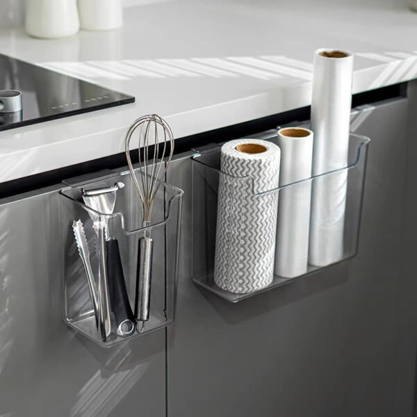 باسكت منظم وحامل لادوات المطبخ وعلب التوابل والمناديل يعلق علي درف المطبخ اكليريك شفاف