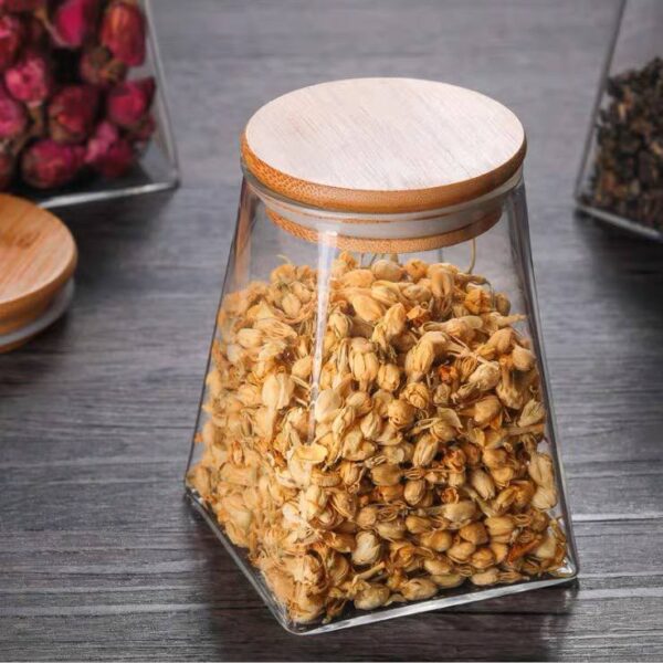 برطمان 350 ملي  زجاج بغطاء خشب محكم الغلق حفظ وتنظيم توابل وبقوليات وسكر وقهوة
