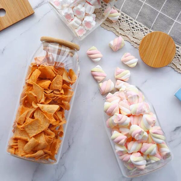 برطمان بيضاوي لتر زجاج غطاء خشب محكم الغلق لحفظ وتنظيم البقوليات والمكسرات والكورن فليكس والمارشميلو ‏