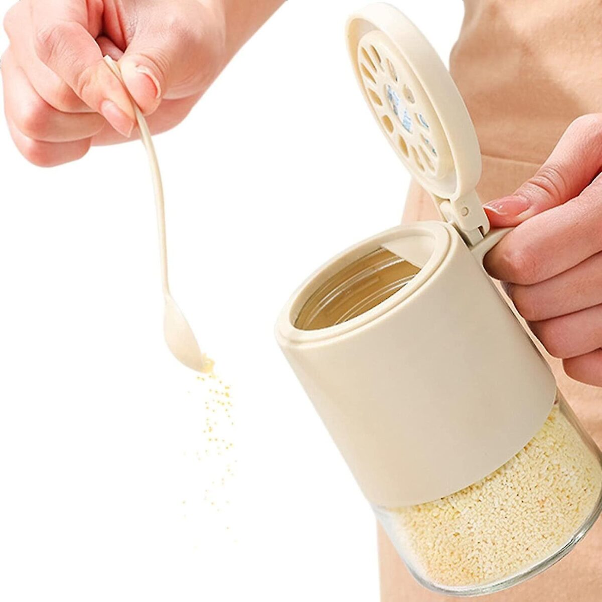 ⁦برطمان زجاج 350 ملي لحفظ وتخزين التوابل والشاي والسكر بغطاء ومعلقة لسهولة الاستعمال ويد⁩ - الصورة ⁦7⁩