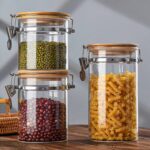 برطمان زجاج غطاء خشب مزود بقفل معدن لأحكام الغلق منظم للتوابل والبقوليات والمكسرات لتر - الصورة 7