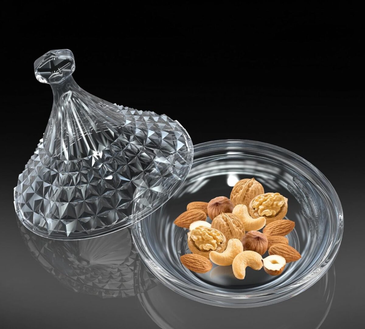 ⁦تمرية زجاج منقرش بغطاء لحمل وحفظ وتقديم التمر والمكسرات للضيوف بشكل شيك⁩ - الصورة ⁦4⁩