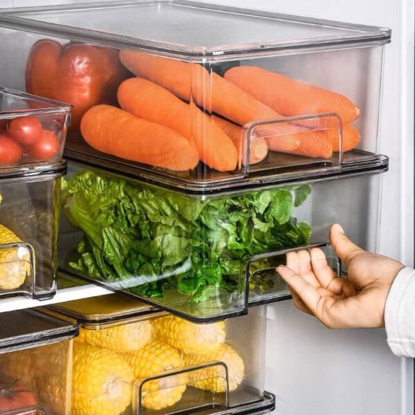 درج وعلبة منظم ثلاجة اكليريك بغطاء محكم الغلق لتنظيم وحمل الفواكه والخضروات