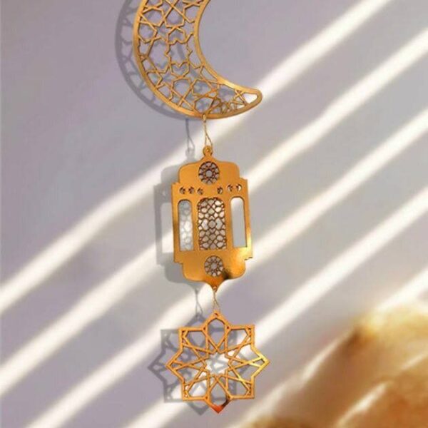 دلاية هلال رمضان وفانوس ونجمة ذهبية خشب حجم كبير