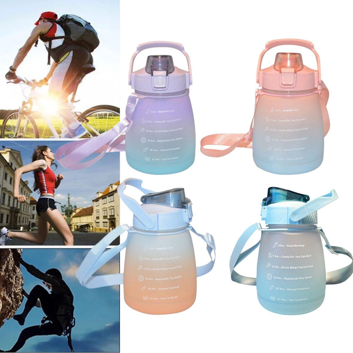 ⁦زجاجة رياضية بشاليموه مقسمة بالساعات مع جمل إيجابية للتحفيز علي شرب المياه  1300 ملي لتر⁩ - الصورة ⁦2⁩