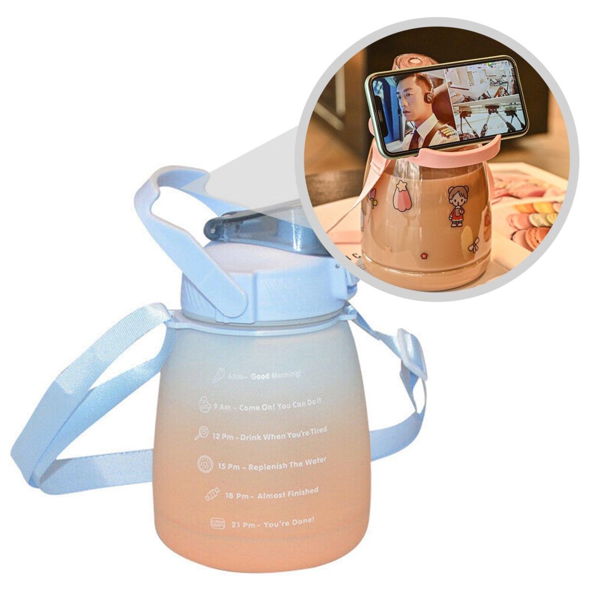 ⁦زجاجة رياضية بشاليموه مقسمة بالساعات مع جمل إيجابية للتحفيز علي شرب المياه  1300 ملي لتر⁩ - الصورة ⁦6⁩