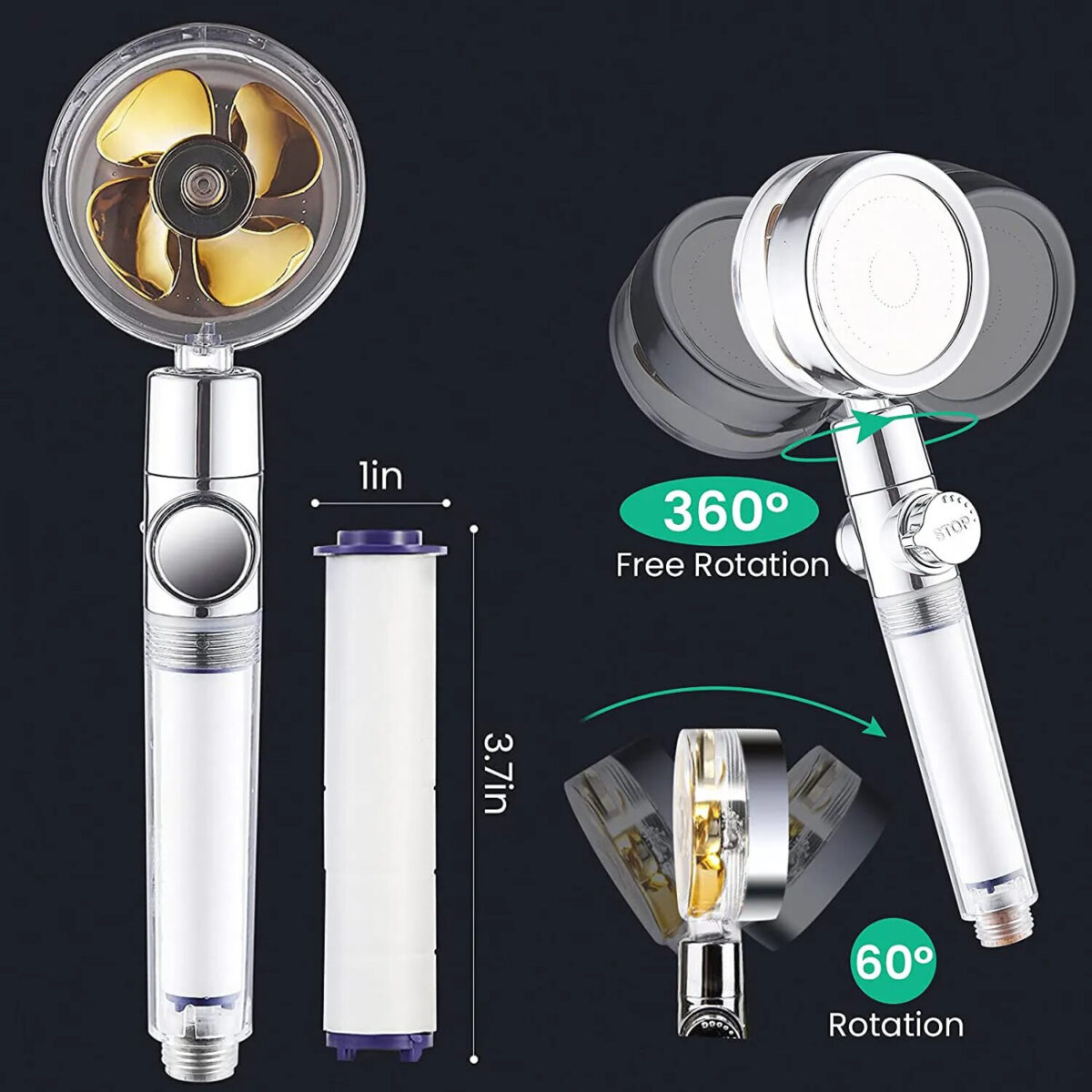 ⁦سماعة دش متحركة بمروحة لزيادة ضغط المياه وفلتر لازالة الشوائب قابل للتغير بزرار للفتح والغلق⁩ - الصورة ⁦4⁩