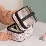 ⁦شنطة لتنظيم وحمل مستحضرات التجميل وادوات الميكب وتربروف مزدوجة الطبقات بجزء علوي شفاف لسهولة الرؤية ويد⁩ - الصورة ⁦13⁩