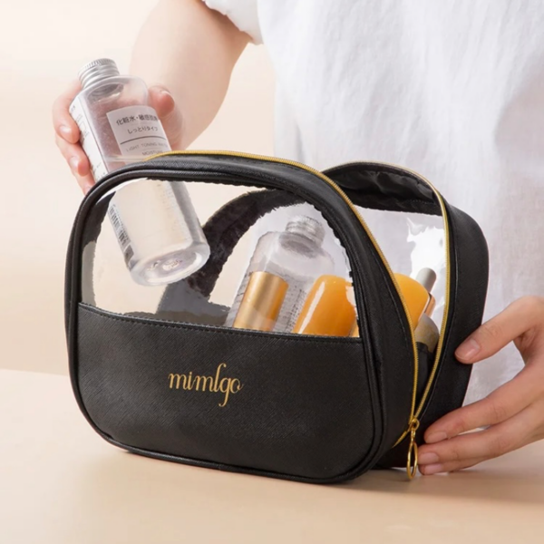 شنطة ومنظم جلد وتربروف للميك اب وادوات العناية بالشعر والبشرة بجزء شفاف لسهولة رؤية المحتويات