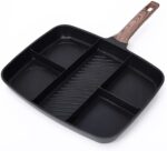 طاسة وجريل الومنيوم طبقة جرانيت 5 أقسام ثقيلة بمقبض خشبي لقلي البيض والبرجر وشرائح اللحم