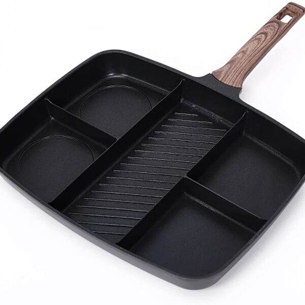 طاسة وجريل الومنيوم طبقة جرانيت 5 أقسام ثقيلة بمقبض خشبي لقلي البيض والبرجر وشرائح اللحم